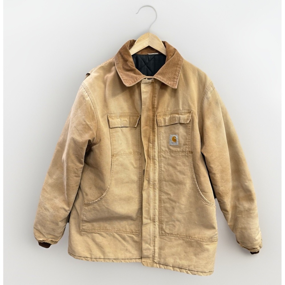 Vtg Carhartt Brown Duck Canvas Chore Coat Quilted Corduroy Collar XL Distressed